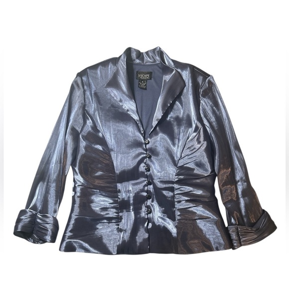 XSCAPE Elegant Shiny Blue Blouse 3/4 Sleeve Spandex Blend Women’s 14 - Picture 2 of 16